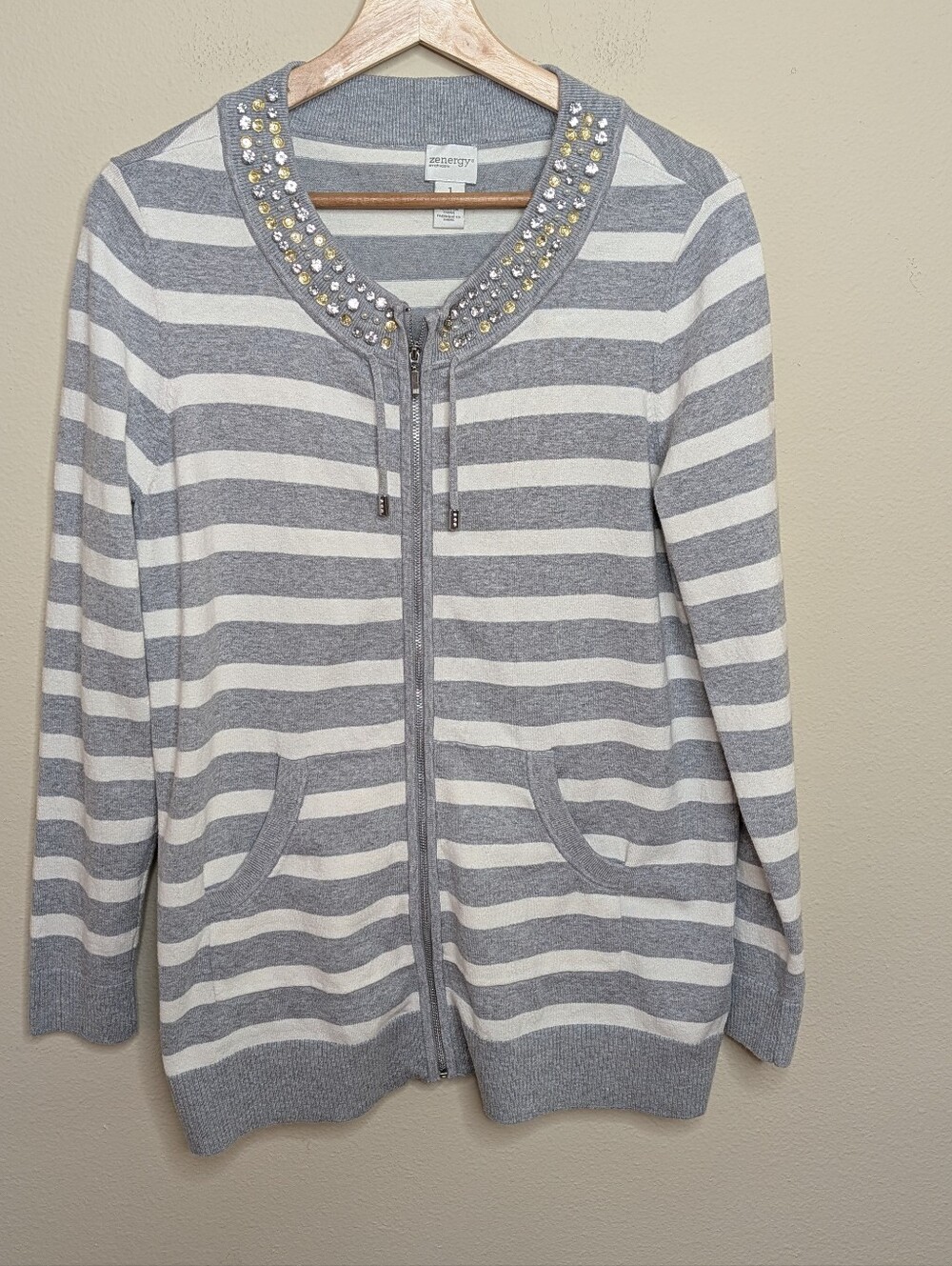 Zenergy by Chico's‎ Gray White Stripe Zip Cardigan Jewel Embellished 1 (M)